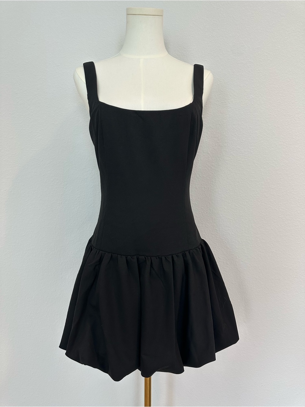 HAUSEN Black Mini Bubble Dress with Square Neck and Flared Skirt